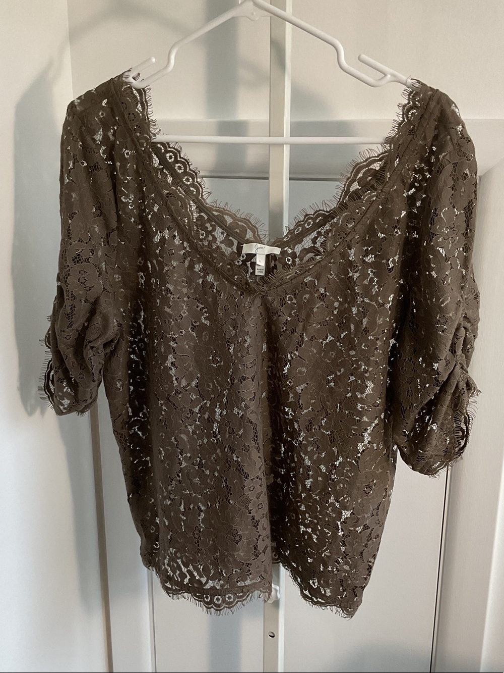 Joie Brown Lace V-Neck Short Sleeve Blouse Large